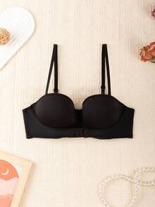 1pc Women's Solid Color Underwear, Small Bust Push Up Bra, Invisible Non-Slip Backless Seamless Bra - Black - View 3