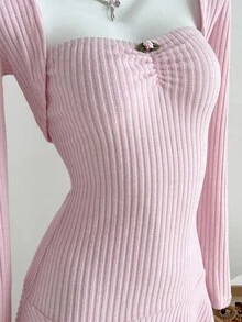 2pcs Women's Autumn/Winter Fashion Outerwear Soft Brushed Ribbed Fabric Long Sleeve Top And Ruched Waist Mini Dress Set, Suitable For Outing And Party Fall Cloth For Women - Pink - View 3