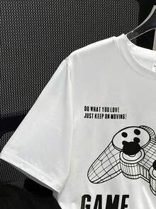 SHEIN 2pcs/Set Teen Boys' Casual Video Game Graphic Print T-Shirt And Shorts Set, Summer, Cotton Blend - Black and White - View 3