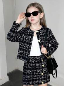 SHEIN 2pcs Young Girl Casual Fashion Button Decor Long Sleeve Jacket And Mini Skirt Set, Tween Girls 2pcs/Set Urban Chic Jacket & Bodycon Skirt Outfit, Graduation Dress,FAshionable,Warm & Soft, Versatile For Play, Daily Wear, School, Autumn & Winter,Pairing White Shirt,Back To School Season.College Style, Girls Blazer And Skirt Set Tweed Two Piece Skirt Set Girls Girls Skirt Suit Girls Tweed Suit Fall
