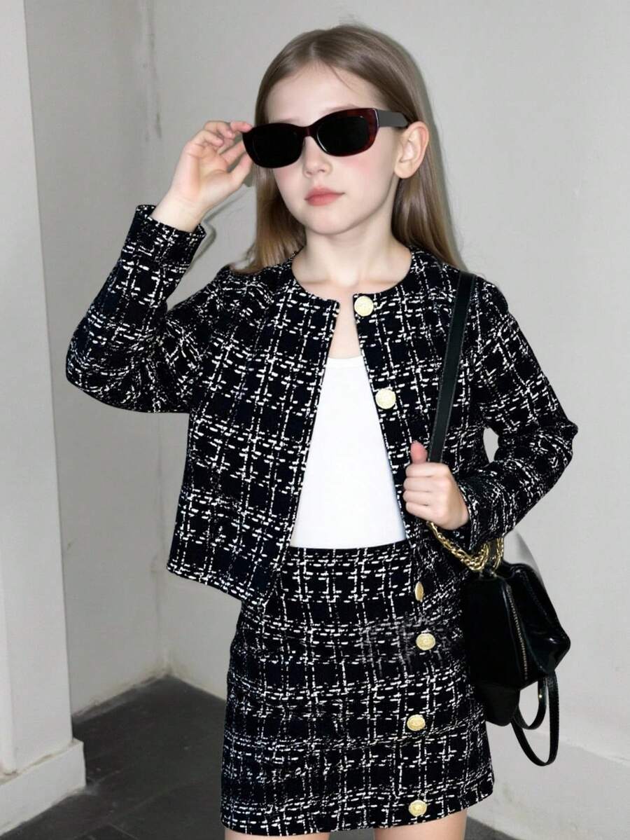 SHEIN 2pcs Young Girl Casual Fashion Button Decor Long Sleeve Jacket And Mini Skirt Set, Tween Girls 2pcs/Set Urban Chic Jacket & Bodycon Skirt Outfit, Graduation Dress,FAshionable,Warm & Soft, Versatile For Play, Daily Wear, School, Autumn & Winter,Pairing White Shirt,Back To School Season.College Style, Girls Blazer And Skirt Set Tweed Two Piece Skirt Set Girls Girls Skirt Suit Girls Tweed Suit Fall