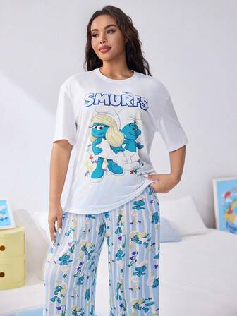 The Smurfs X SHEIN 大码卡通印花短袖上衣和长裤睡衣套装