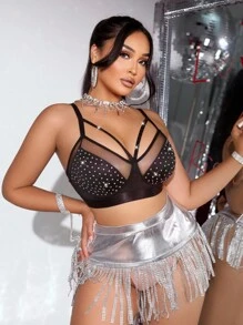 SHEIN 1 pieza Sujetador inalámbrico con decoración de strass coloridos para tallas grandes con espalda descubierta - Negro - Ver 4