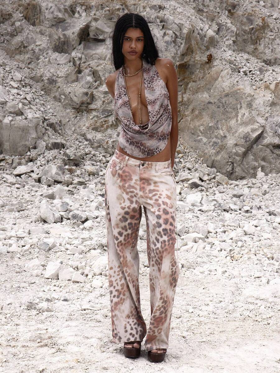 MUSERA Jeans de tiro bajo con estampado de leopardo y cordones laterales, para ocasiones nocturnas, elegantes, de otoño, primavera y verano - Multicolor - Ver 1