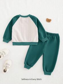 Cozy Pixies 2pcs Baby Boy Knitted Thickened Contrast Color Raglan Sleeve Crew Neck Pullover Top And Cuffed Pants Set Fall Winter - Dark Green - View 2