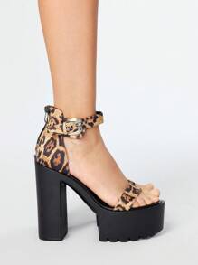 ROMWE Grunge Punk 女士时尚豹纹系带凉鞋，夏季哥特朋克风格金属扣露趾时尚鞋，万圣节 - 黃色 - 查看 4