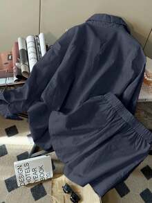 Bộ 2 món quần short dài tay rộng rãi chất liệu vải lanh thời trang đơn giản mới dành cho nữ - Màu xanh hải quân - Xem 2