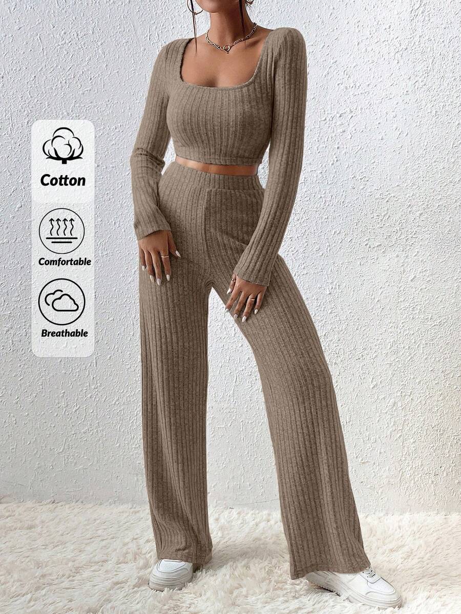 EURMUSE Cotton Square Neck Crop Tee & Wide Leg Pants - Mocha Brown - View 1