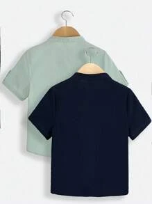 SHEIN 2入組青少年男孩休閒大學街頭風格藍綠色立領半扣短袖襯衫,適合春夏旅行、日常穿著和學校穿著 - 藍色 - 查看 2