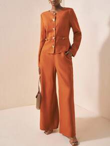 Zivah Conjunto de 2 piezas de lino en marrón rojizo, compuesto por: Chaqueta de manga larga con solapa asimétrica y decoración de botón de metal, cintura ceñida, y pantalón de pierna ancha. Nuevo lanzamiento para otoño/invierno 2025, ideal para festivales de música, graduación, uso diario, vacaciones en la playa, streetwear y elegante para ir al trabajo.