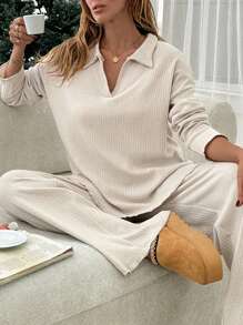 SHEIN Women's Brushed Ribbed Set, Casual, Chic - Beige - View 3