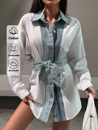 EURMUSE Women's Elegant Belted Raw Wash Effect Elegant Shirt Dress Woman S Summer Clothes Women Summer Clothing