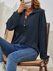 SHEIN Camiseta casual holgada de mujer de unicolor, con mangas largas, hombros caídos y botones en la mitad del escote - Azul - Ver 3