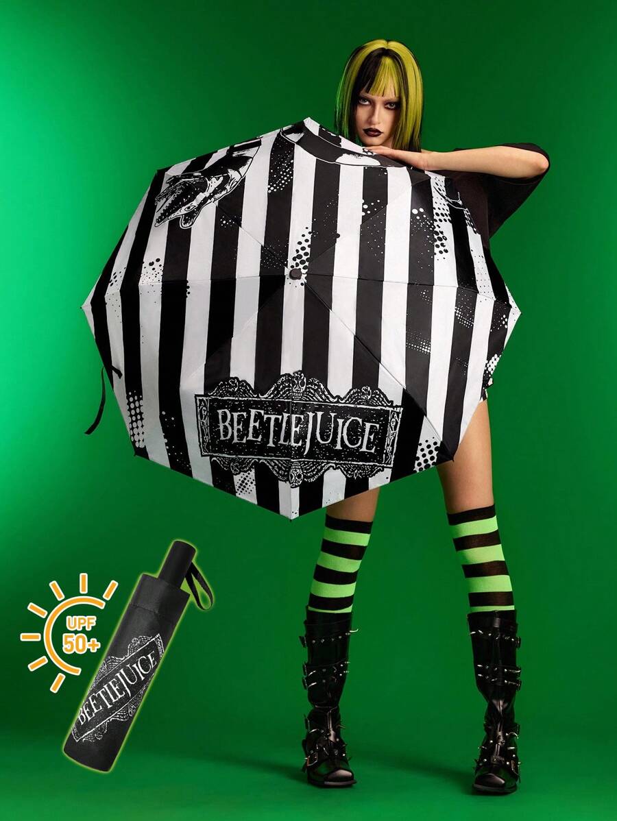 Beetlejuice X SHEIN 1pc Striped & Letter Graphic Umbrella, UV Protection, Suitable For School, Work, Outdoor And Daily Use, Designed For College Students, High School Students And Men & Women, Goth - Black and White - View 1