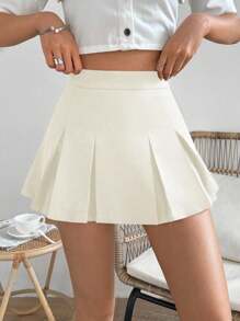 SHEIN PariChic Women's Collegiate Style Solid Color Pleated Mini Skirt - Apricot - View 7