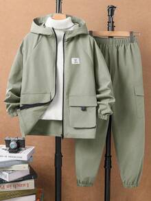 SHEIN 2 件套年轻男孩休闲舒适连帽夹克，带口袋和纯色抽绳裤套装，适合外出、上学、日常聚会、秋冬季 - 薄荷綠 - 查看 8