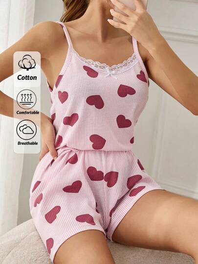 RueChic Women 2 Pcs Contrast Colour Lace With Striped&Heart Pattern Detail Tank Top And Shorts Homewear Pj Set Women Plus Clothing Lingerie Set Women S Pajama Women Pj Set Short Women Nighty Women S Pajama Pants