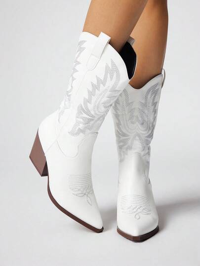 Fairycore Women's Vintage V-Cut Pointed Toe Chunky Heel Embroidered White Western Cowboy Boots, Slip-On Fashion Mid-Calf Boot For Outdoor