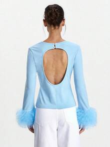 Lumivelle Camiseta corta de mujer para primavera/otoño/invierno, de punto elástico, con puños de malla bordada, de unicolor, ajustada, de cuello redondo, de manga larga, con espalda descubierta, puños exagerados, volantes en los puños, adecuada para banquetes, fiestas de noche, elegante, sexy, romántica, minimalista, casual