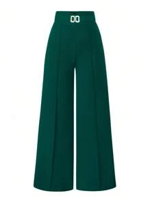 SHEIN Clasi 女士金属牙签设计宽腿宽松优雅裤 - 墨綠色 - 查看 1