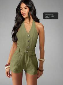 MISSGUIDED Mono de mezclilla con cuello de halter y botones, estilo casual de primavera y otoño para festivales de verano, uso diario y vacaciones en resort - Verde - Ver 7