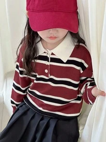 DAZY Young Girl Regular Turndown Collar Striped Korean Style Long Sleeve School Sweater Fall, Winter - Red - View 1