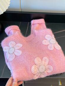 Franclia 休闲宽松圆领长袖针织串珠3D花卉装饰粉色女式套头衫，春秋 - 粉色 - 查看 4