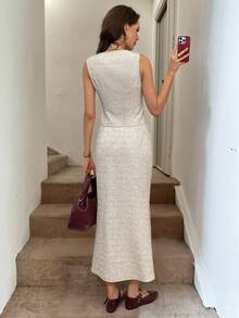 Easowa 秋冬杏色背心和长裙女套装，适合日常通勤和办公室穿着粗花呢两件套两件套裙套装女士两件套女士优雅女士粗花呢套装粗花呢裙套装女士教师装商务休闲女士纽扣衬衫女士金属纽扣女士套装两件套秋季套装商务休闲 - 杏色 - 查看 6