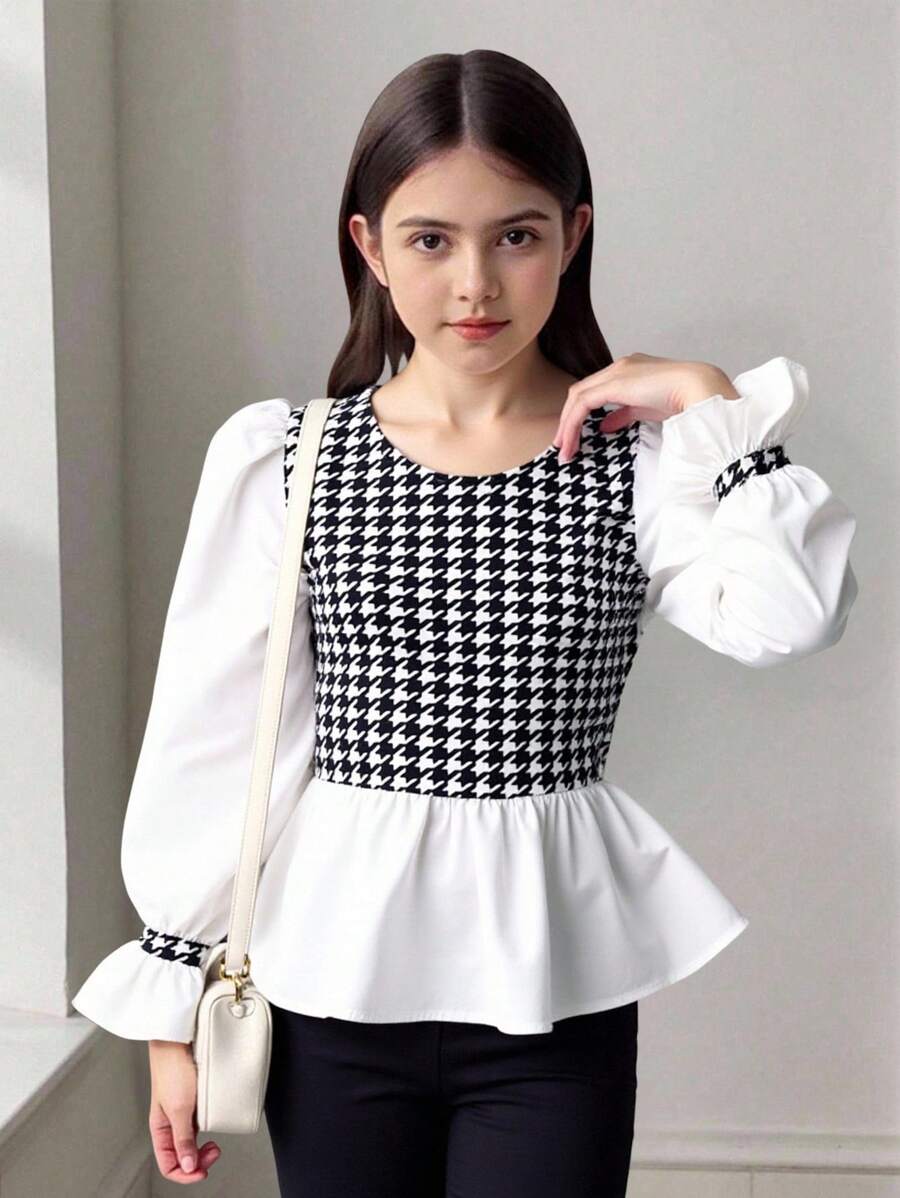 青少年女孩休闲日常翻领拼接千鸟格泡泡袖 A 字下摆衬衫，开学季 - 黑與白 - 查看 1