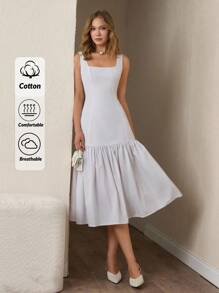 CLARA VERO Solid Color Fitted Bodice Dress With Hipline Shirred, Elegant - White - View 1