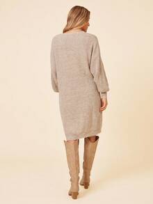 SHEIN X Lucía Bellido Coeurva 落肩罗纹针织开衫、长袖上衣 - 米色 - 查看 3