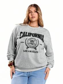 Solavibe Casual Minimalist Campus Style Back To School American Sports Graphic Loose Fit Round Neck Long Sleeve Sweatshirt For Plus Size Women - Light Grey - View 1