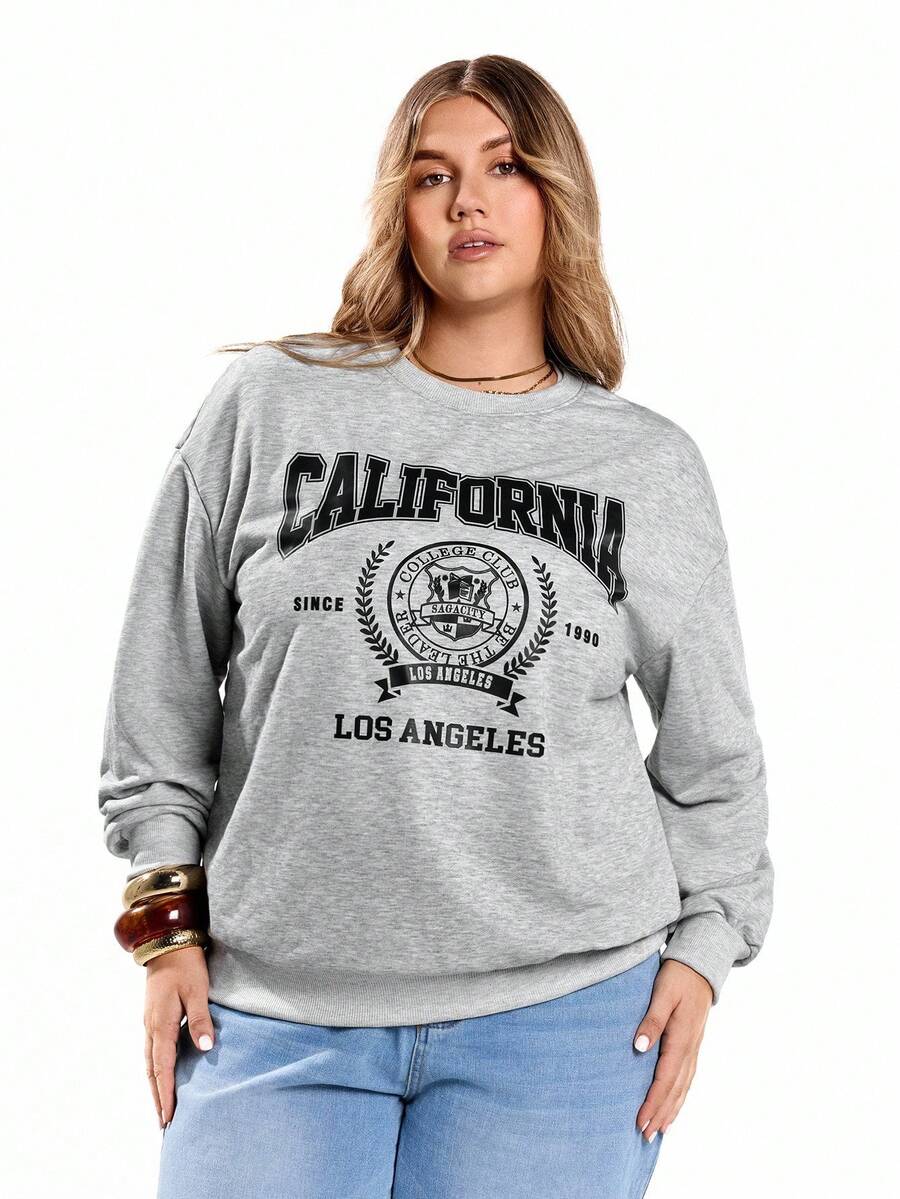Solavibe Casual Minimalist Campus Style Back To School American Sports Graphic Loose Fit Round Neck Long Sleeve Sweatshirt For Plus Size Women - Light Grey - View 1