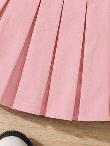 Young Girl Fashionable Versatile Solid Color Pleated Fitted Casual Skirt,Herbst - Pink - View 4