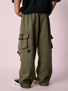 SHEIN 男童休闲时尚嘻哈风宽松大口袋工装裤 - 軍綠色 - 查看 2