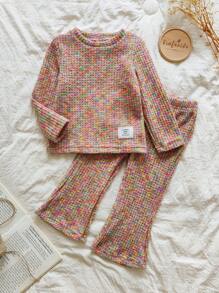 SHEIN Vintaside Kids 2pcs Baby Girls' Rainbow Color Long Sleeve Top And Pants Set, Casual Fashion Outfit Suitable For Spring, Autumn And Winter Fall - Multicolor - View 4