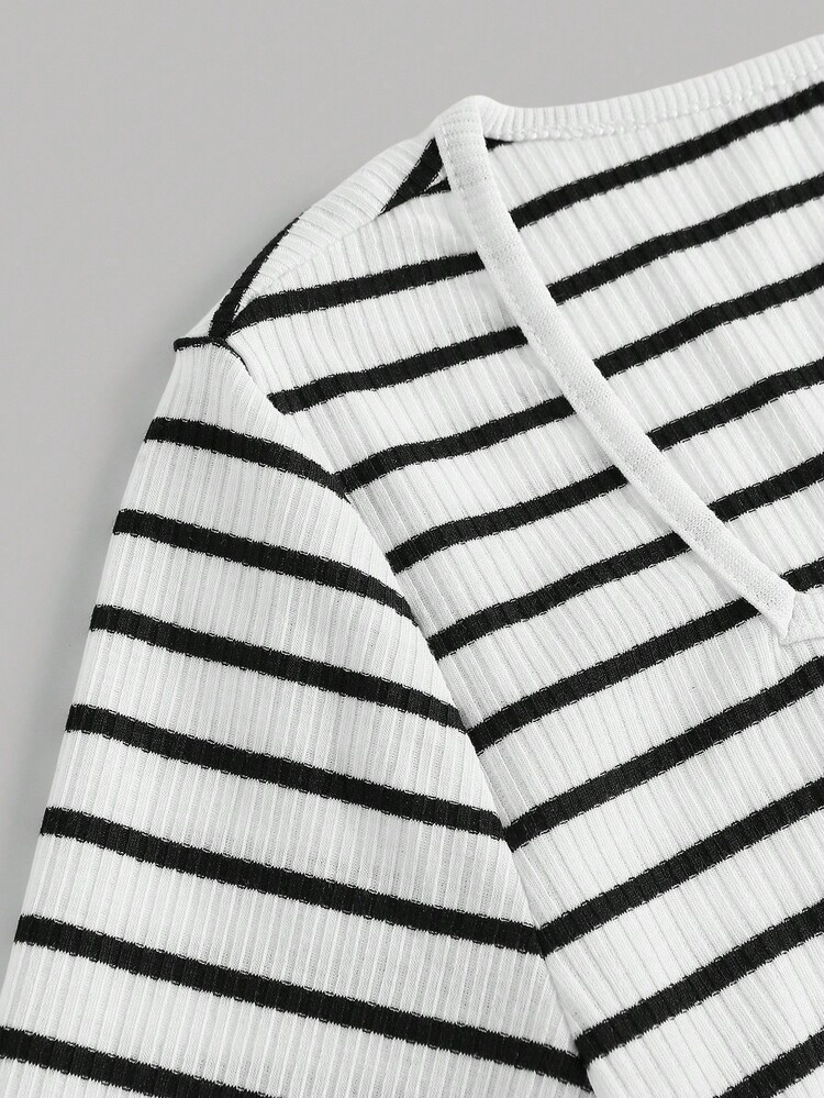 Girlism 少女黑白条纹方领紧身连衣裙，休闲简约家居服 - 黑與白 - 查看 3