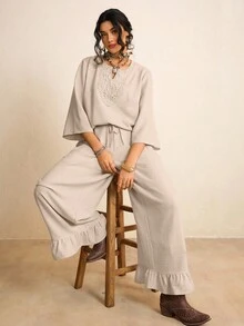SHEIN LUNE Plus Size 2pcs Casual Matching Set,Embroidered Blouse And Ruffle Hem Pants With Pockets,Women's Linen Lounge Sets,Beige,Autumn,Boho,Vacation Outfits - Apricot - View 7