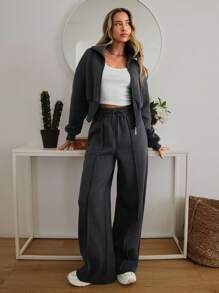RueChic WOMAN COSY TWO PIECES LOUNGEWEAR WITH DOUBLE SIDE ZIPPER - Grey - View 8