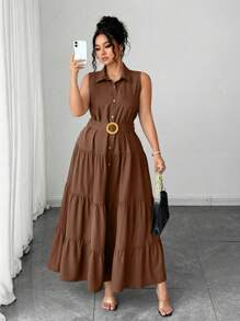 Elenzga 大码女式纯色休闲通勤前扣无袖衬衫裙，褶皱长裙，夏季 - 棕色 - 查看 1