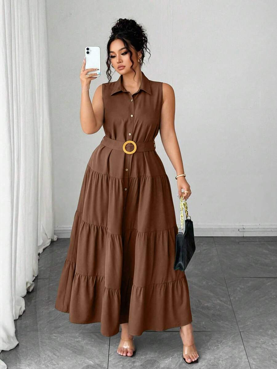 Elenzga 大码女式纯色休闲通勤前扣无袖衬衫裙，褶皱长裙，夏季 - 棕色 - 查看 1