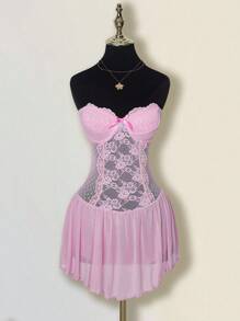 SHEIN ICON 女式性感蕾丝拼布蝴蝶结装饰迷你连衣裙 - 淺粉色 - 查看 6