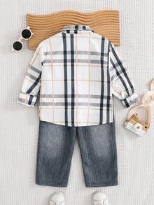 SHEIN 2pcs Young Boy Woven Plaid Casual Shirt And Pants Set Fall Winter - Blue - View 7