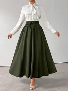 Modelyn Váy Maxi Nữ Màu Trơn Có Thắt Lưng Phong Cách Thu Đông Cổ Điển Thanh Lịch Hoàn Hảo Cho Công Việc/Công Sở/Tiệc Cocktail/Đám Cưới/Hàng Ngày/Tốt Nghiệp - xanh quân đội - Xem 5