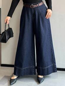 Dazy Plus Plus Size Women Dark Wash Loose Wide Leg Jeans With Visible Seam, All Season - Dark Wash - View 5