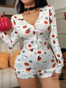 SHEIN Women's Knitted V-Neck Button Halloween Ghost & Pumpkin Pattern Pajamas Romper, Fall  Cozy And Elegant Details Halloween Pajamas Women Women Halloween Romper Ghost Print Pajamas Pajama Romper For Women Halloween Pajama Romper - Multicolor - View 3