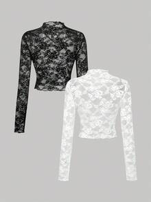 SHEIN MOD 女士两件套蕾丝透视长袖黑白上衣，秋冬女装，万圣节、派对、优雅、哥特、时尚，女士优雅透视花卉蕾丝长袖高领修身露脐上衣，时尚女士黑白薄纱蕾丝网纱高领长袖修身上衣，蕾丝长袖，黑白上衣 - 黑與白 - 查看 2