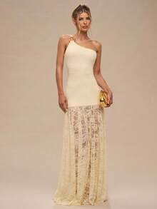 SHEIN BAE 杏色不对称肩部无袖连衣裙，配金属纽扣和半透明蕾丝下摆，适合秋冬季节，可用于鸡尾酒会、浪漫约会、秋冬季内搭、派对、正式聚会、晚间外出、婚礼派对礼服、万圣节服装等场合。 - 杏色 - 查看 8