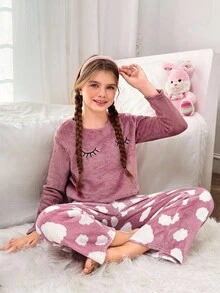 SHEIN 2 件套 Tween Girl 卡通刺绣圆领长袖上衣和云朵图案柔软法兰绒睡裤套装，秋冬季舒适家居服 - 藕粉色 - 查看 5