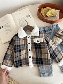 SHEIN 男宝宝休闲运动绅士学院百搭韩版格子羊毛加厚夹克外套适合秋冬季节圣诞节